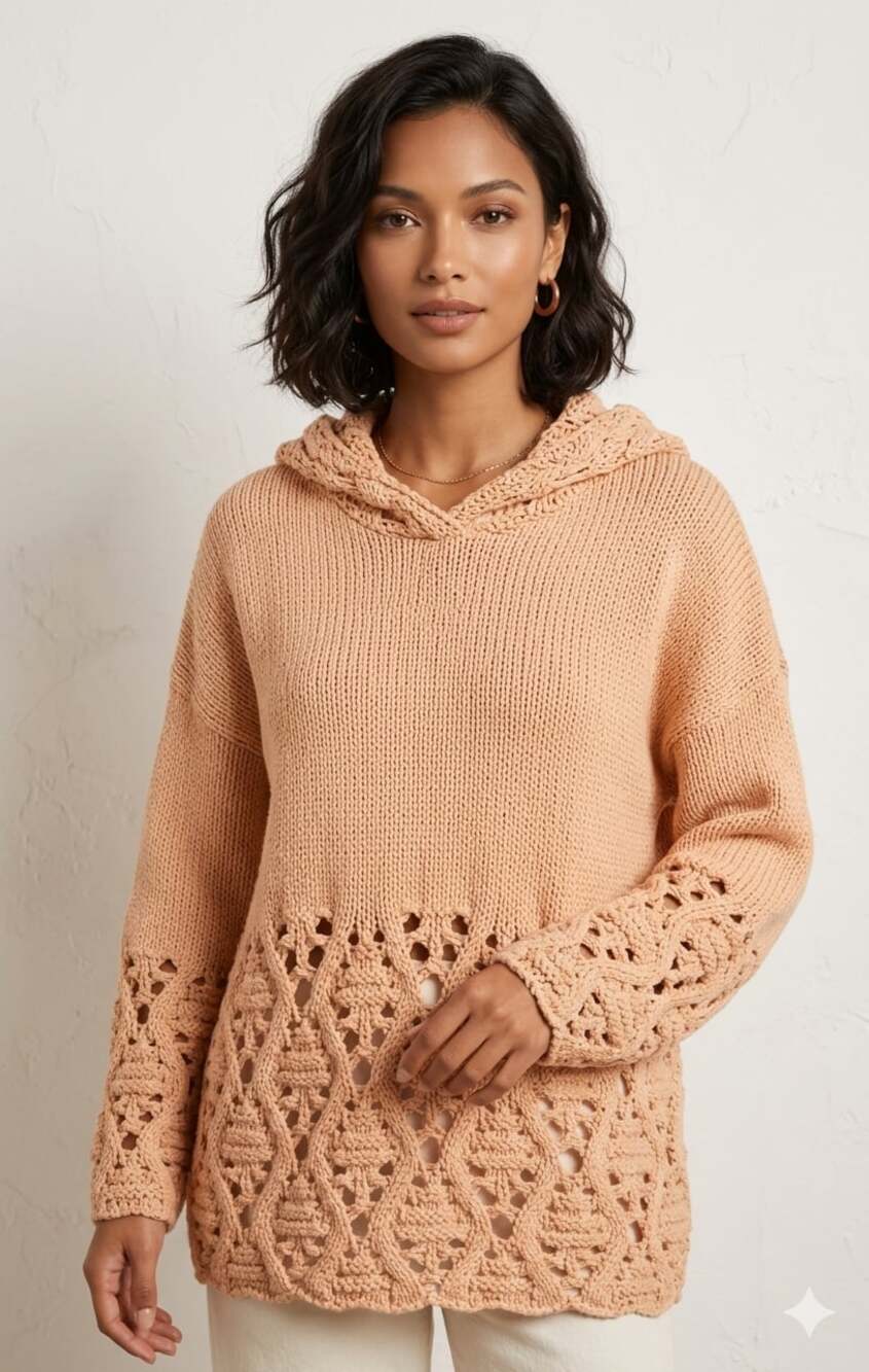 525 America Chunky Knit Crochet Hem Hoodie Sweater Oversized  M/L